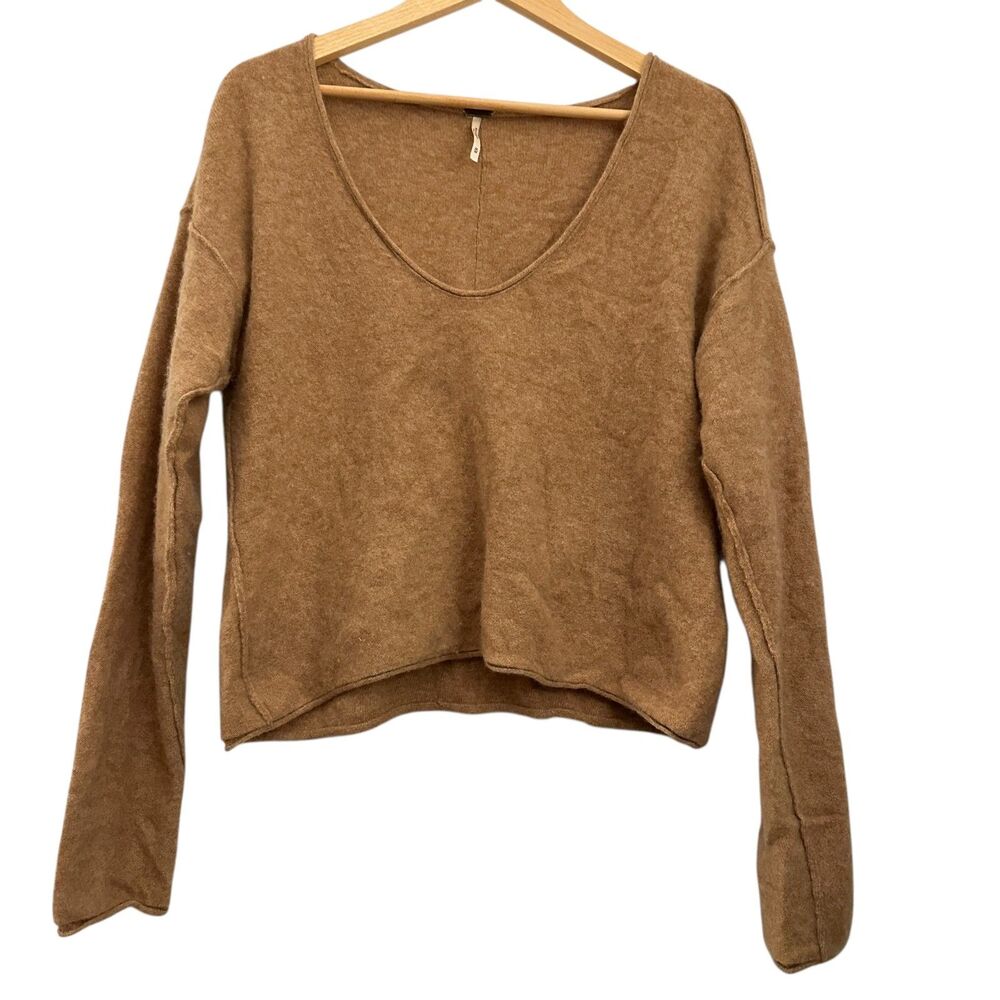 Free People Brown 100% Cashmere Lightweight‎ Cropped V-Neck Sweater Size M